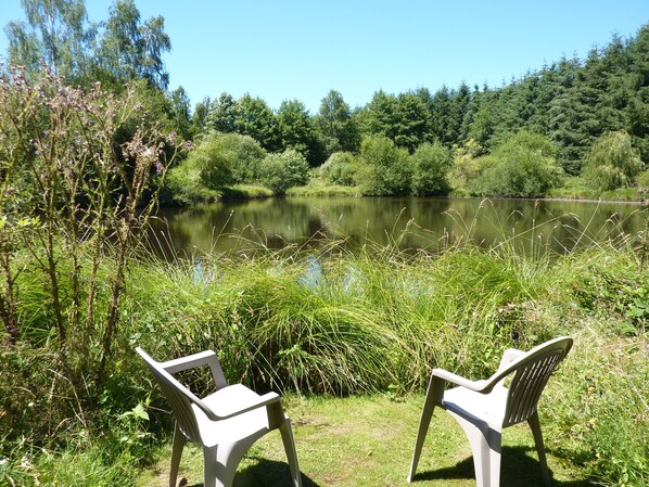 Two white plastic chairs facing a calm lake surrounded by lush greenery.