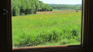 A view through a window of a field with yellow flowers and green grass, with trees in the background. - Peaceful Haven in Regional National Park with Private Lake (Dournazac)