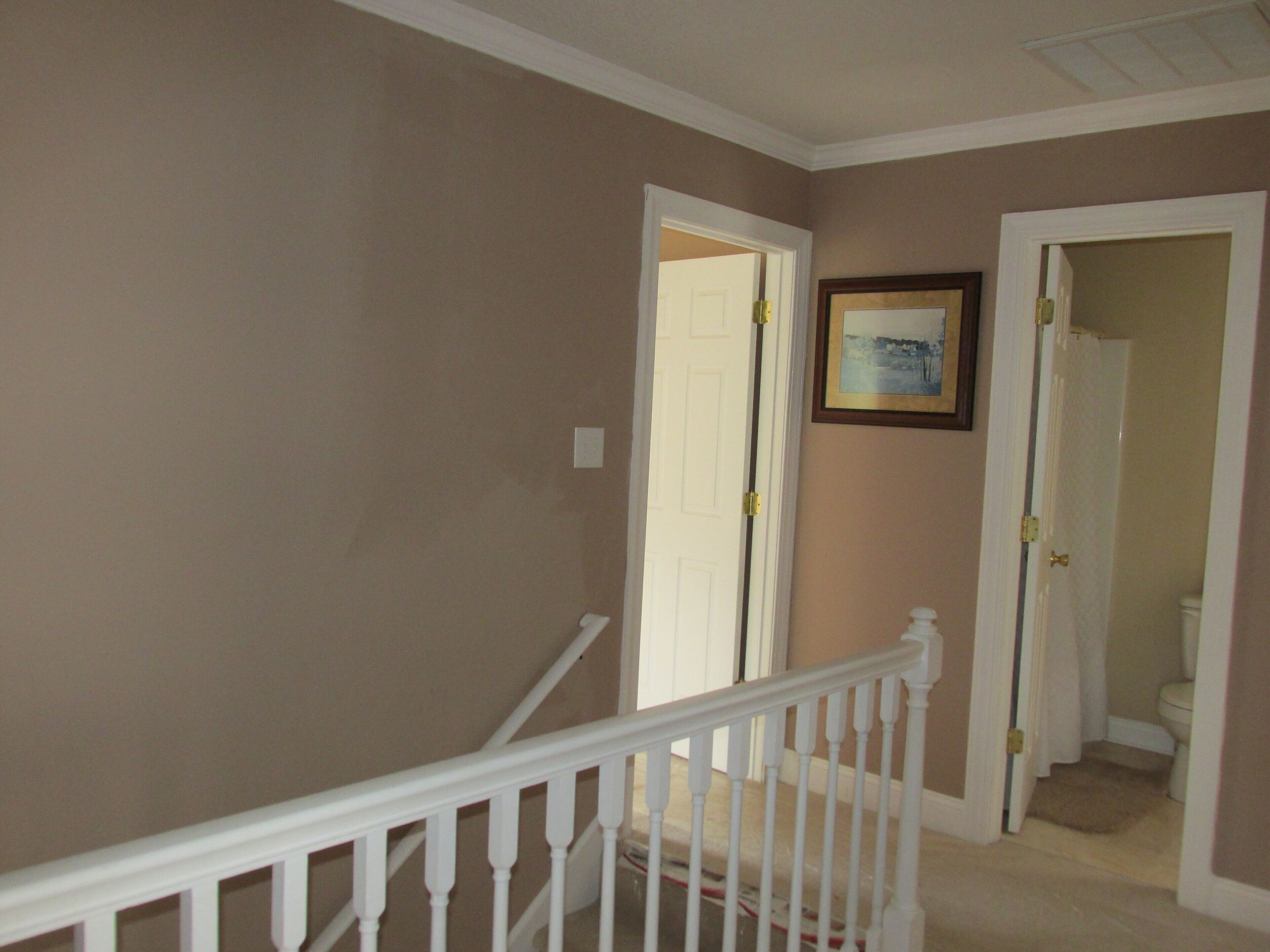 A hallway with beige walls, white doors, and a white railing.