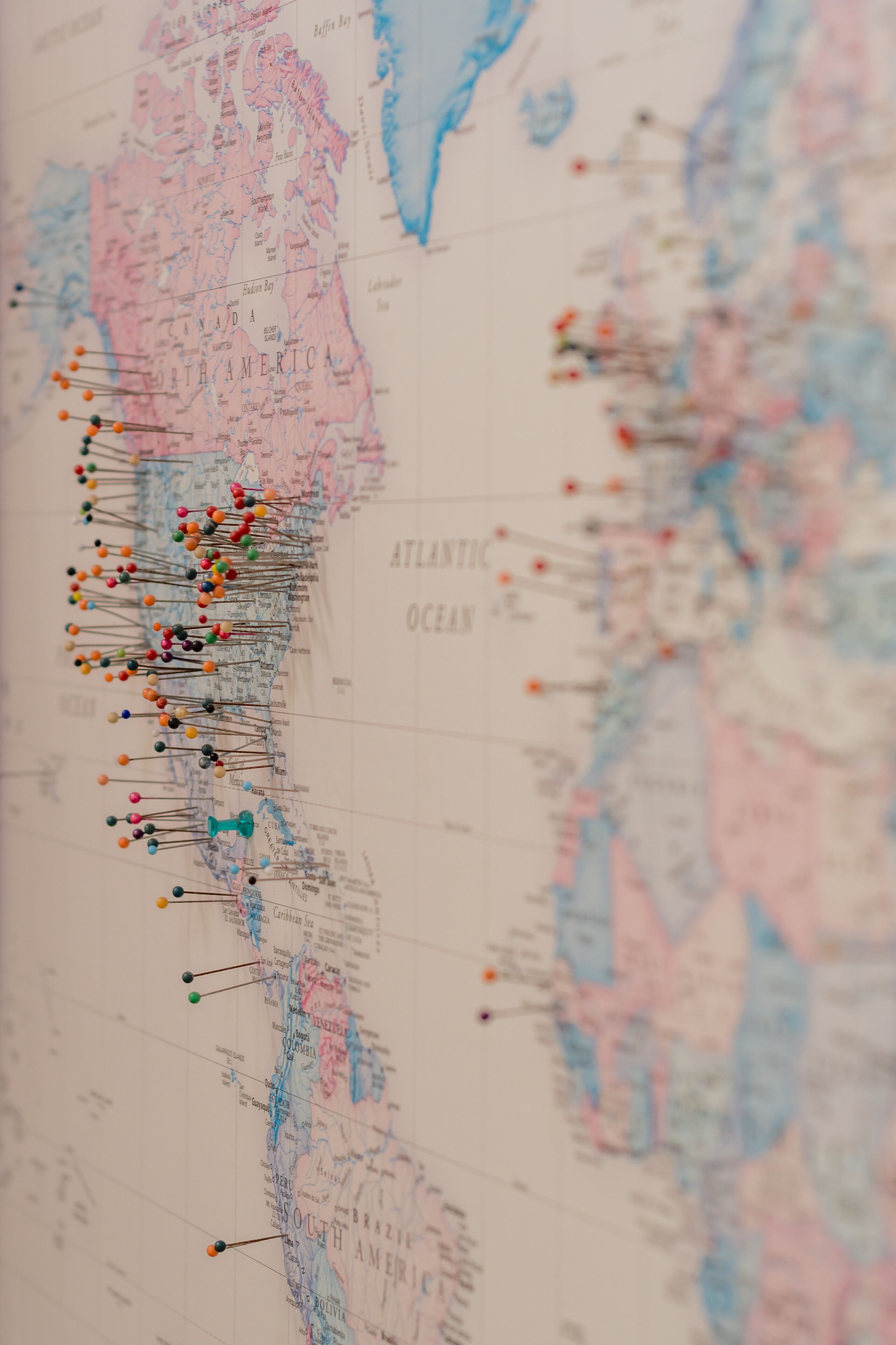 A map with various colored pins indicating locations.