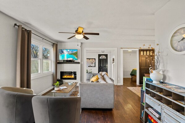 Smart TV, fireplace, books