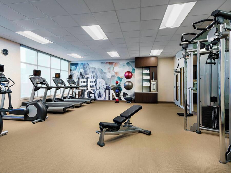 A gym with treadmills, elliptical machines, a bench, and weightlifting equipment.