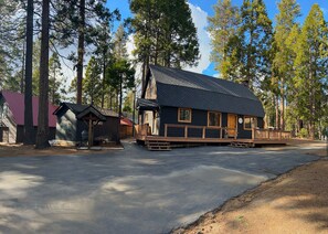 Eine Hütte mit dunklem Dach, Holzboden und kleiner Veranda.