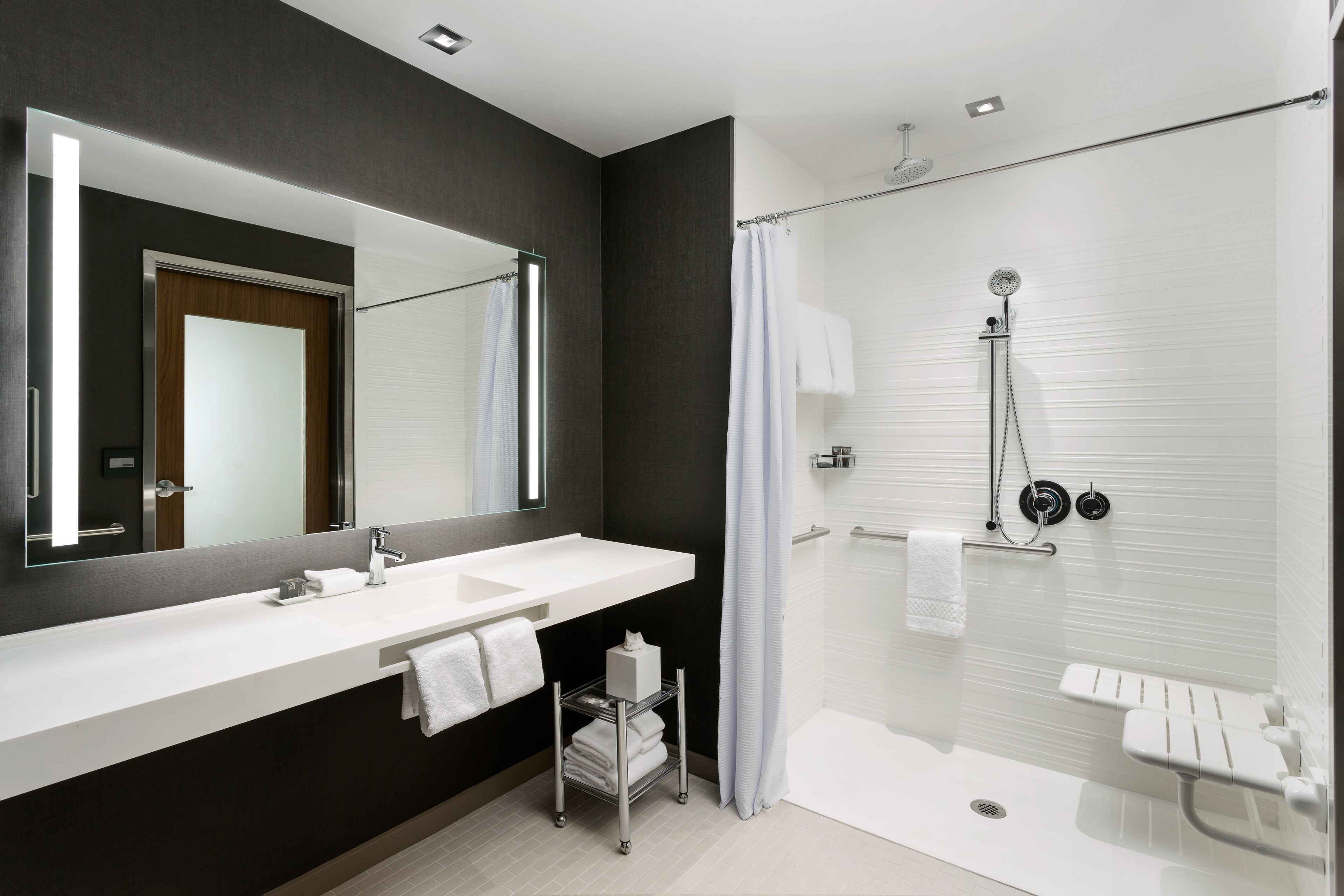 room, 2 queen beds (mobility/hearing access, roll-in shwr) | bathroom | shower, rainfall showerhead, free toiletries, hair dryer