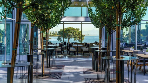 Un área de comedor al aire libre con mesas y sillas, rodeada de paredes de vidrio y árboles.