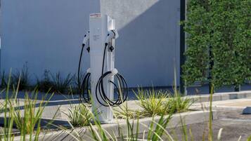 Une borne de recharge électrique, équipée de câbles, située à l’extérieur, près d’un bâtiment dont le mur est bleu et qui est agrémenté de plantes vertes.