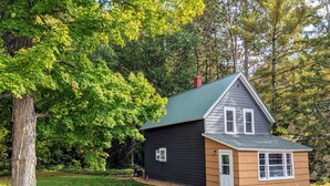 A small, two-story house with a dark exterior and a green roof, surrounded by trees and a grassy yard.