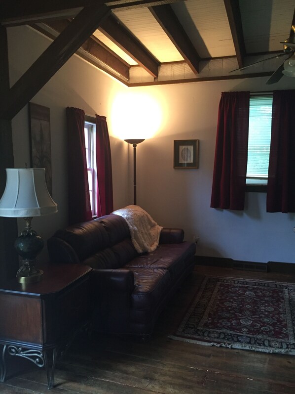 A cozy living room with a leather sofa, a floor lamp, and a patterned rug. - Manor House, Spring Haven Farm (Boston (near the town of Culpeper))