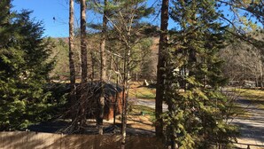 A forested area with tall trees and a wooden structure. - Perfect house for experiencing Mount Washington Valley year round! Pet Friendly! (North Conway)