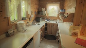 A compact kitchen with wooden walls, a microwave, a kettle, and a sink. - Rustic Two Level Tree Lodge Surrounded By The Forest With Fireplace And Fire Pit (McGrath)