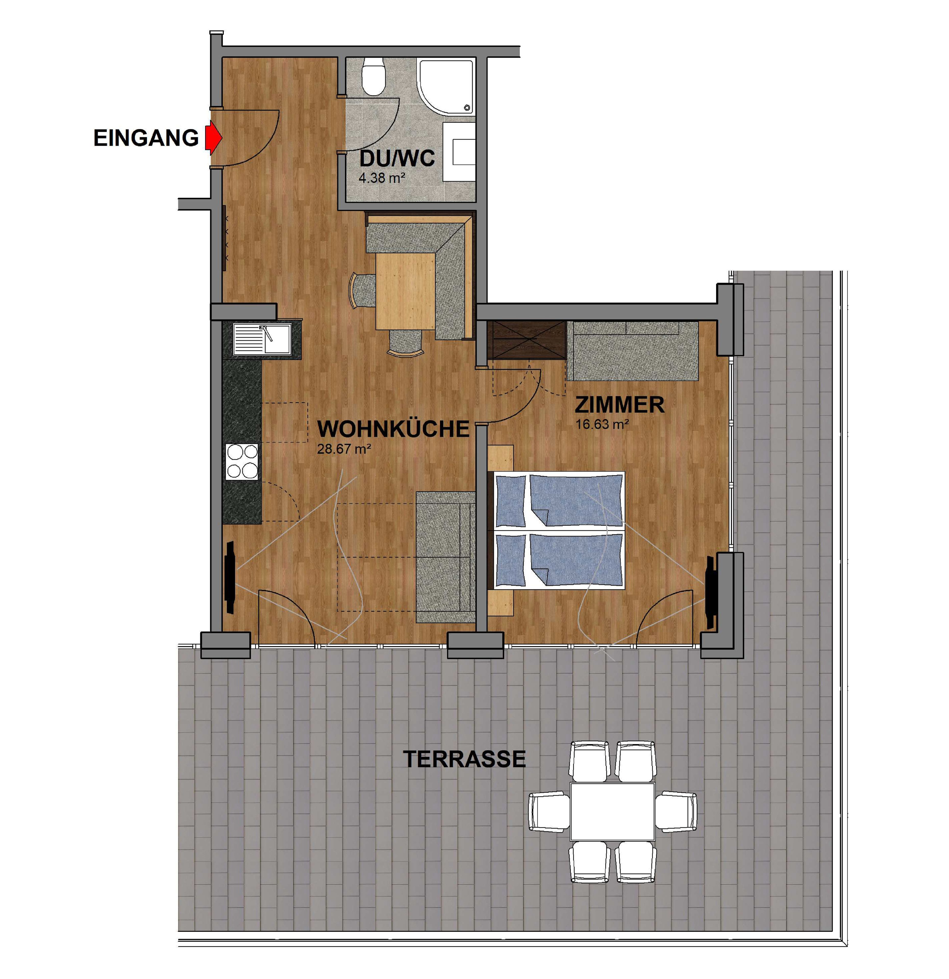 Grundriss eines Hotelzimmers mit Wohnbereich, Küchenzeile, Bad und Terrasse.