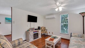 Un salon avec une cheminée, un téléviseur, un ventilateur de plafond et une grande fenêtre équipée de stores.