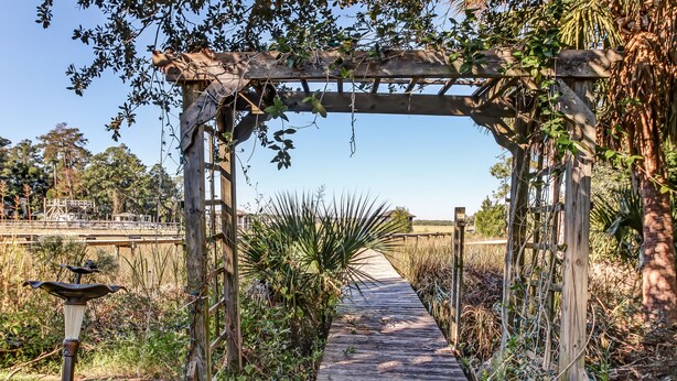 Une pergola en bois ornée de plantes grimpantes, un chemin en briques et un abreuvoir à oiseaux.