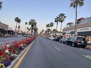 A street lined with palm trees and parked cars, with storefronts and a speed limit sign. - Fresh Modern Poolside & Tennis~S. Palm Desert Mountainside~Openings! Fun n Sun (Palm Desert)
