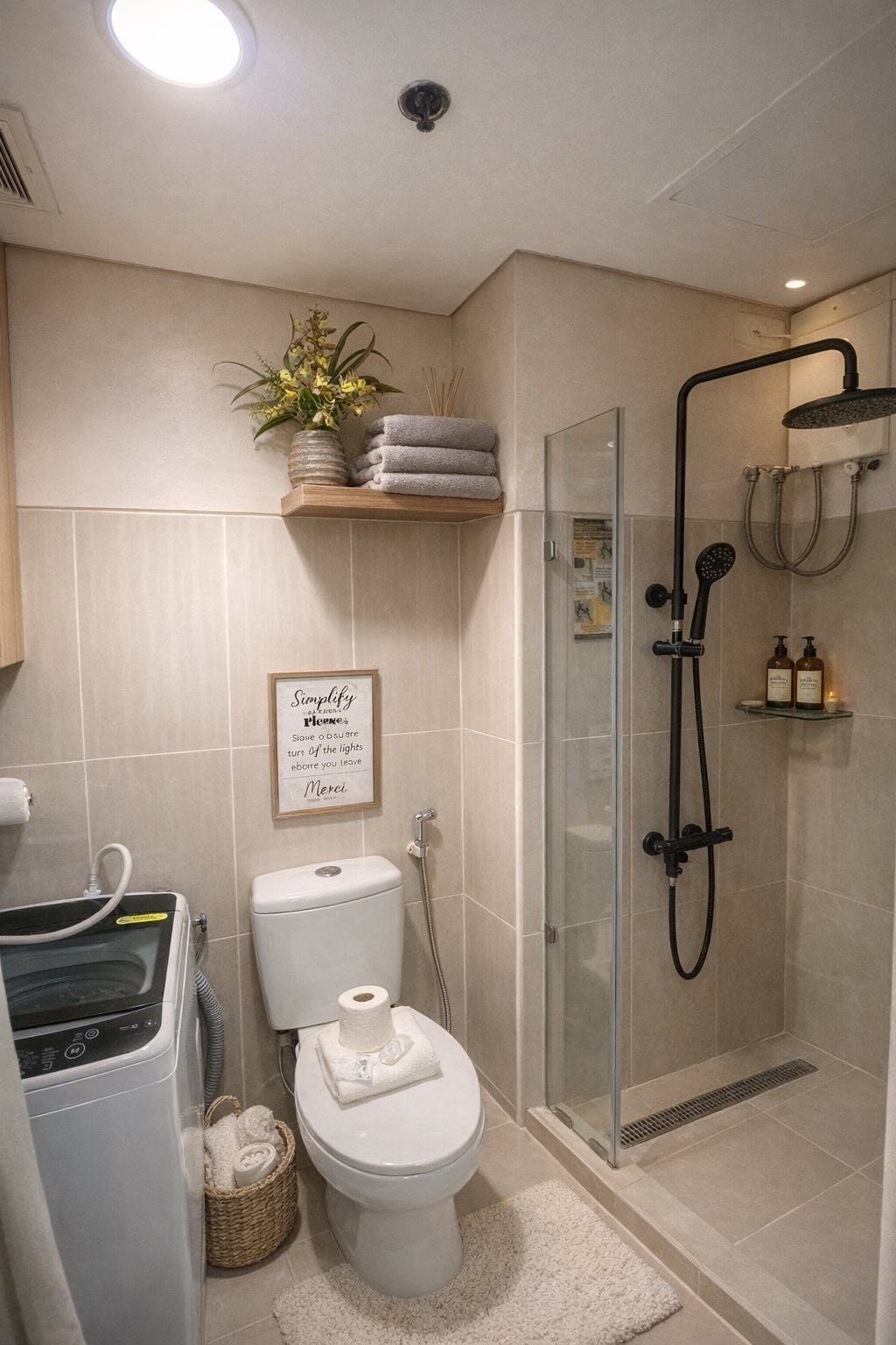 Shower, hair dryer, bidet, towels