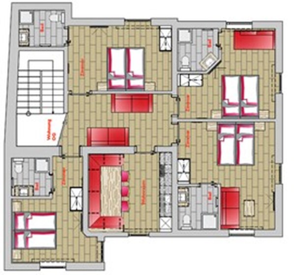 A hotel layout with multiple rooms, a central hallway, and a dining area.