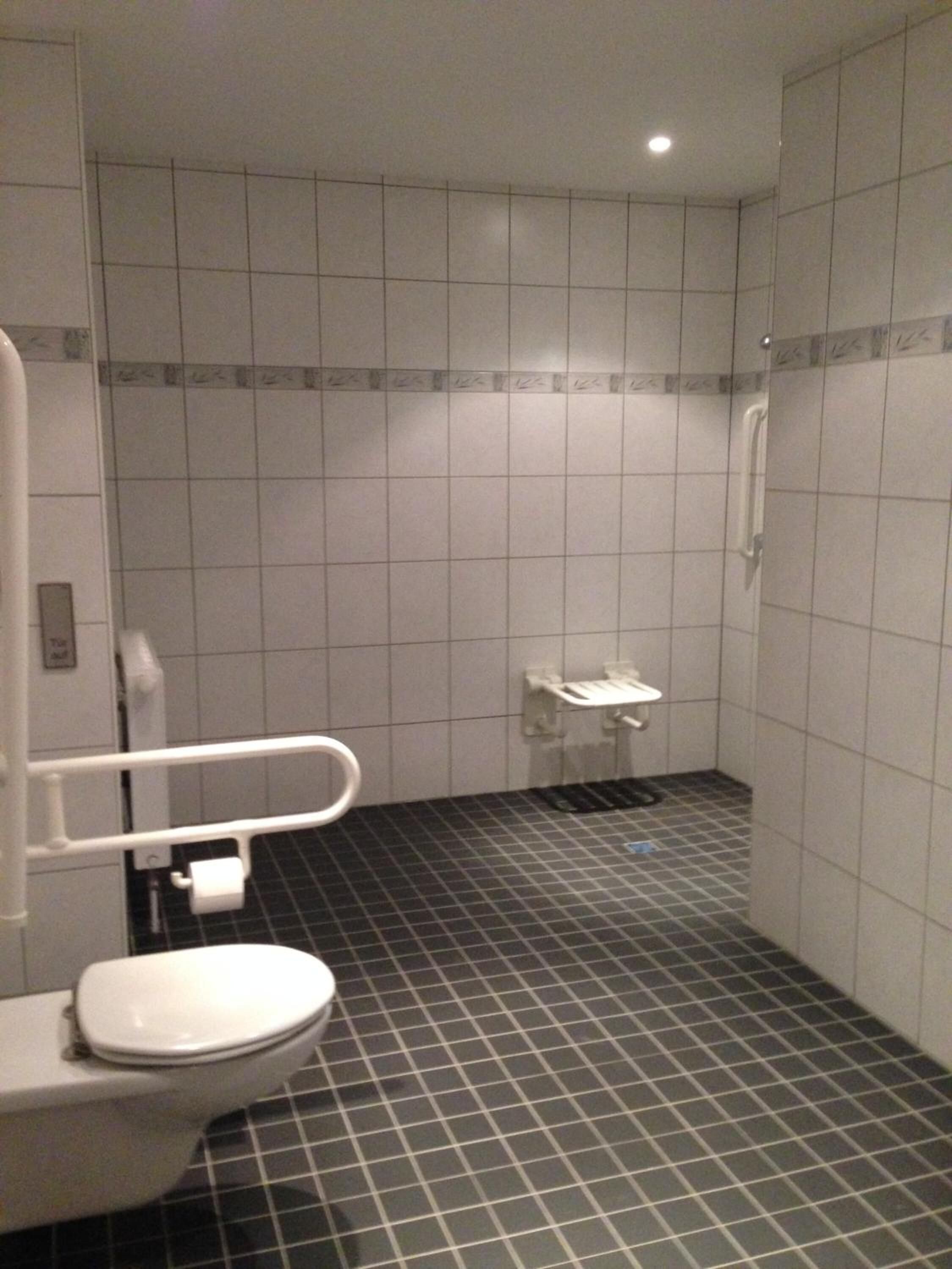 Un baño con inodoro blanco, barandilla, lavamanos y piso de baldosas.