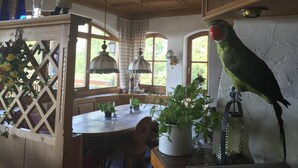 A rustic kitchen with wooden beams, a dining table with potted plants, and a parrot perched on a wall. - Alte Rose Gasthaus Hotel (Ebelsbach)