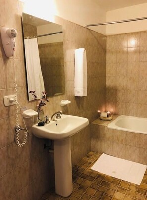 Combined shower/tub, free toiletries, hair dryer, bidet