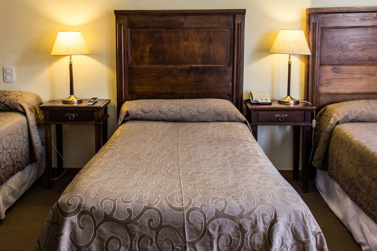 A hotel room with three beds, each with a patterned bedspread and a nightstand with a lamp.