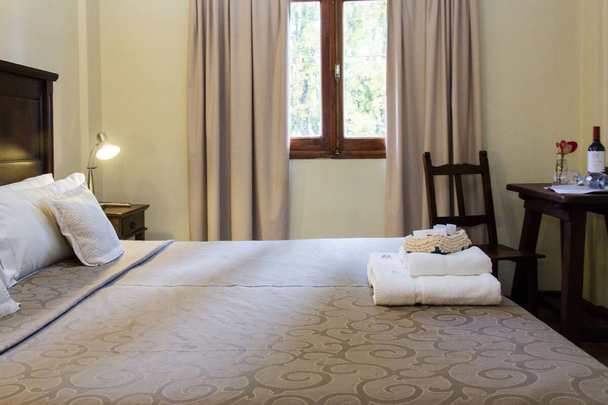 A neatly made bed with pillows, a bedside lamp, a chair, a table with a bottle and glasses, and a window with curtains.
