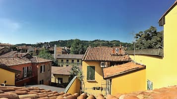 A view of terracotta-tiled rooftops and yellow buildings, with a clear blue sky and greenery in the background.