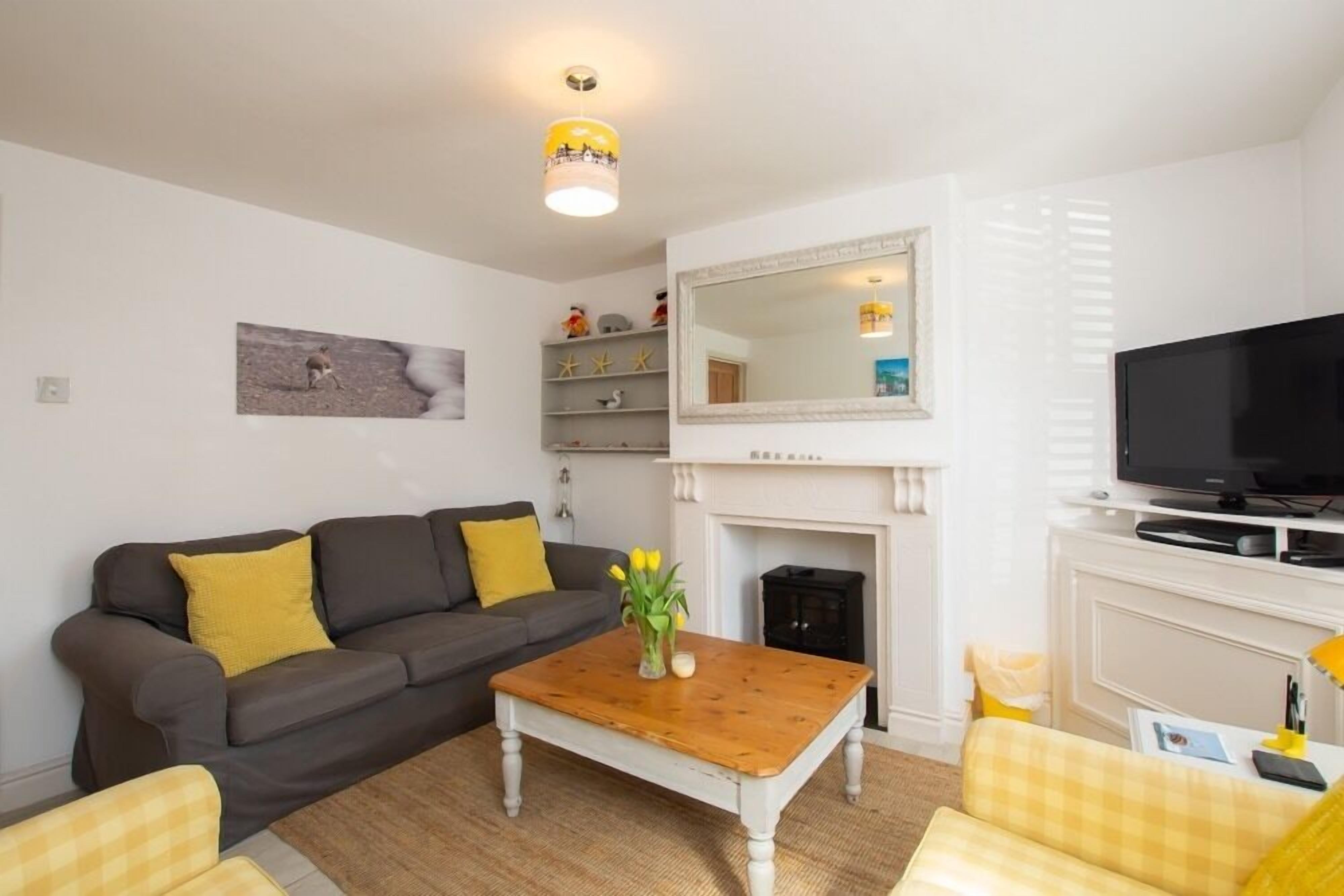 TV, fireplace, DVD player, books