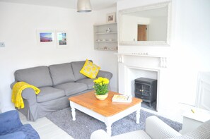 TV, fireplace, DVD player, books