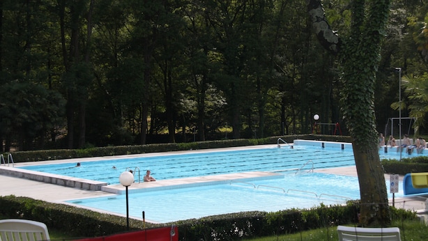 A swimming pool surrounded by trees and greenery. - Large outdoor terrace - Ground floor flat in a lovely Italian village (Dumenza)
