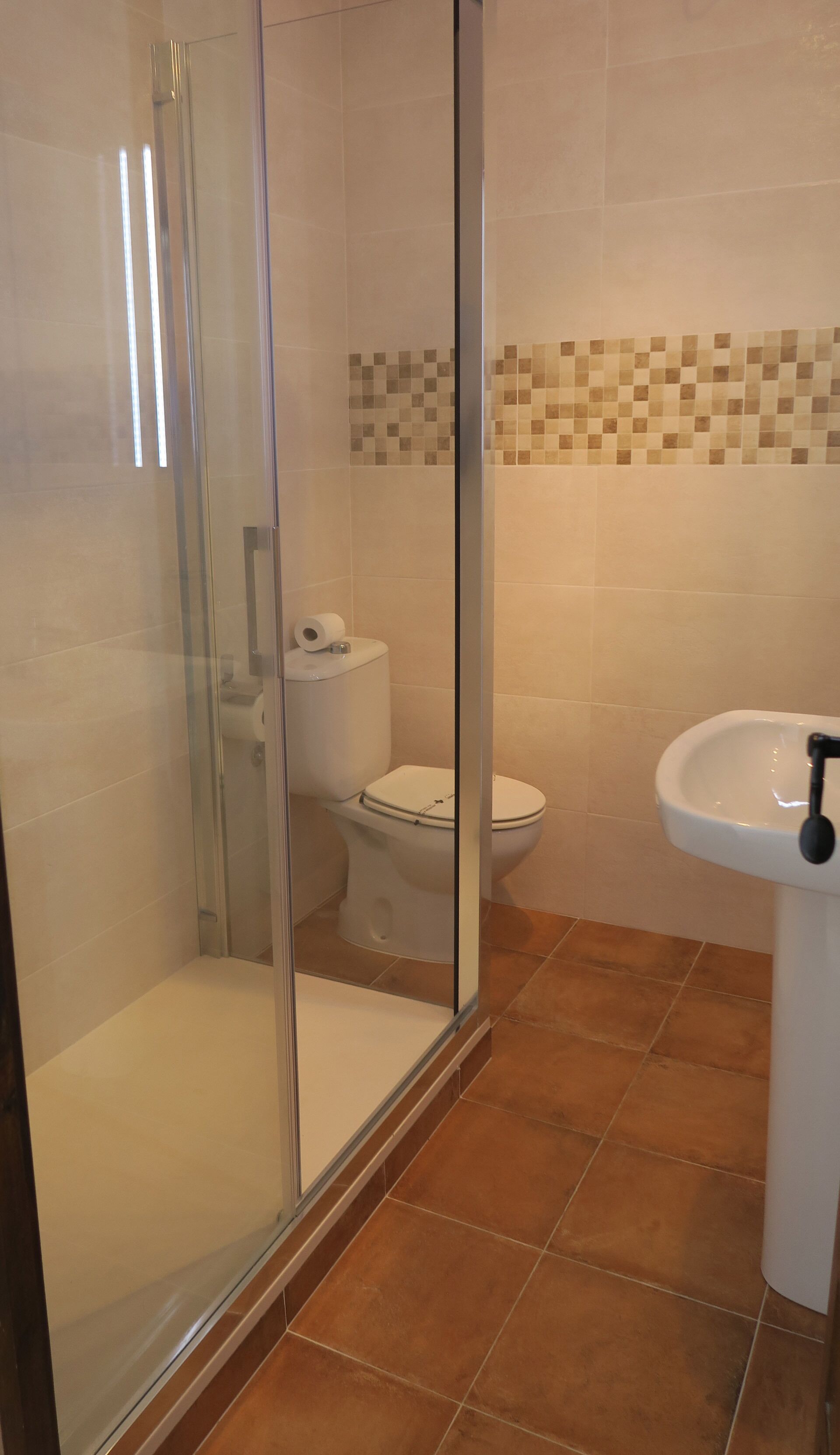Une salle de bain avec une douche à parois de verre, des toilettes et un lavabo.
