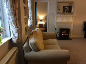 Smart TV, fireplace, DVD player, books