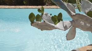 Una piscina amb aigua blava cristal·lina i una escultura de cactus al primer pla.