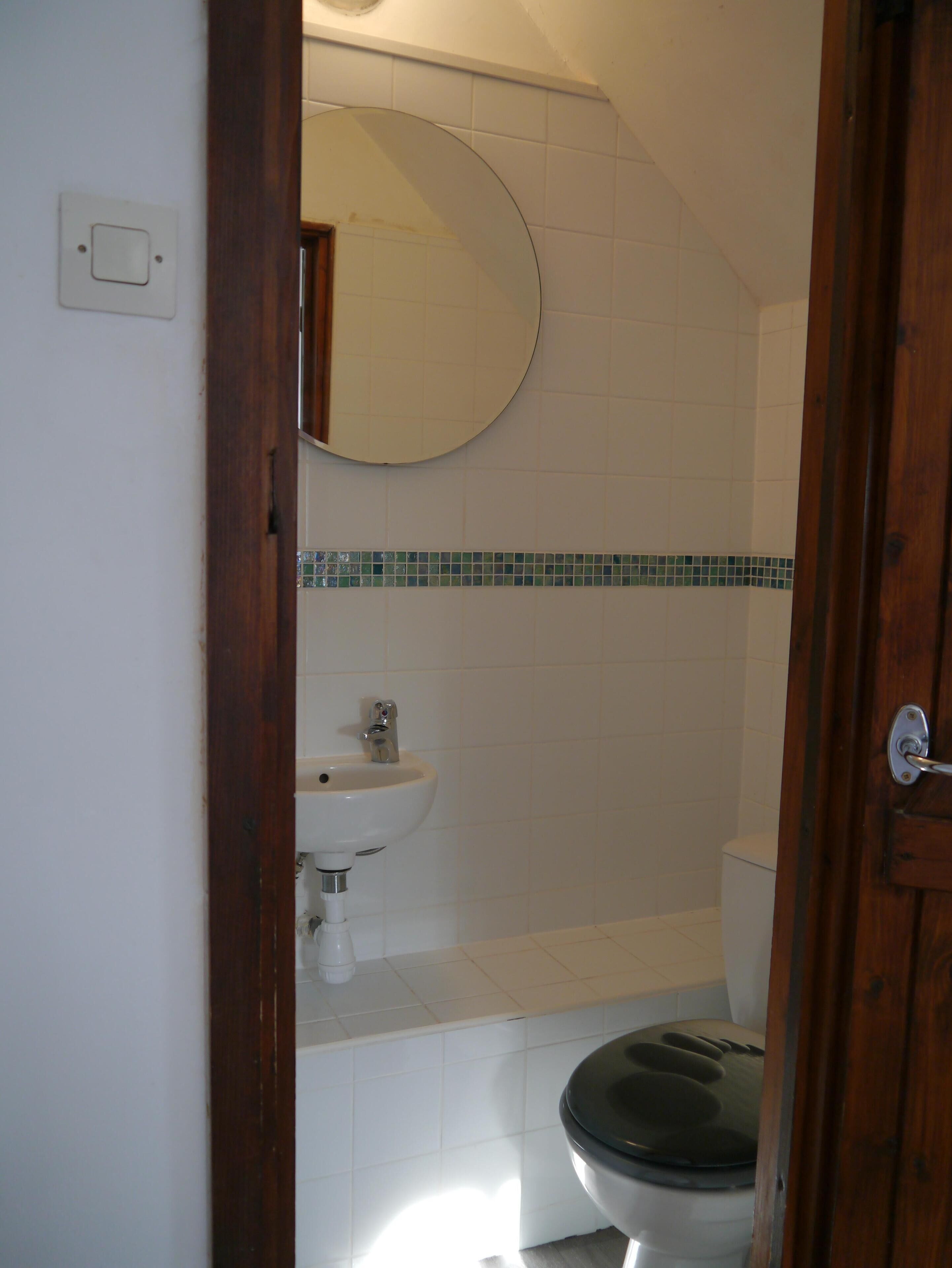 A bathroom with a toilet, sink, and mirror.