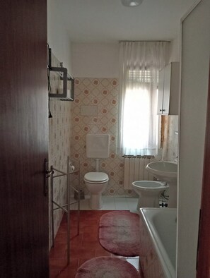 Bathtub, hair dryer, towels, soap