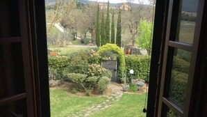 Vista a través de una puerta que da a un jardín con un camino empedrado, varios arbustos y una reja.