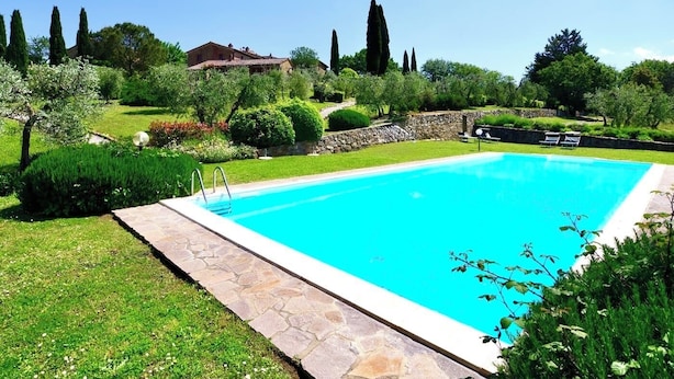 Una piscina rectangular con borde de piedra, rodeada de césped cuidado y diversos arbustos.