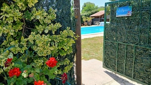 Un espace clos doté d’une piscine, entouré d’une végétation luxuriante et de plantes en fleurs.