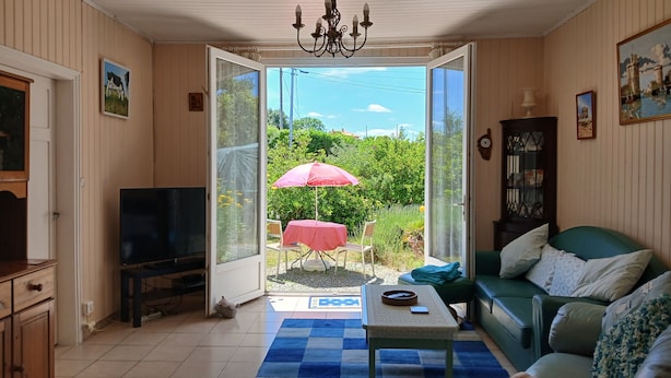 Un salon avec un téléviseur, un canapé, une table avec un parasol rouge et, à travers une porte vitrée, une vue sur un espace extérieur verdoyant.