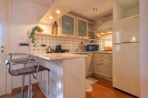 Fridge, microwave, stovetop, coffee/tea maker