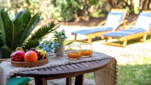 Une table avec un panier de fruits, deux verres de jus d’orange et une plante en pot.