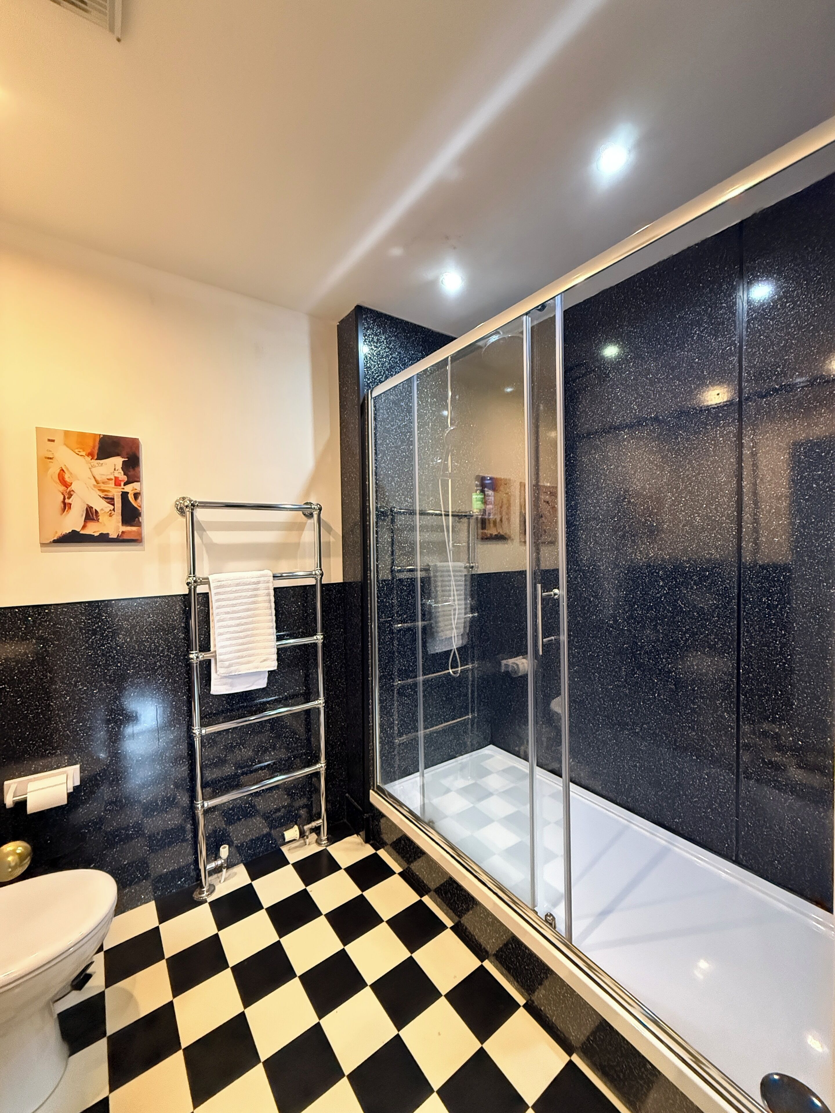 Un baño con piso a cuadros blanco y negro, cabina de ducha de vidrio, toallero y un inodoro.