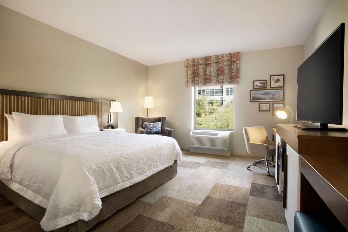 Habitación de hotel con una cama grande, un escritorio, un televisor de pantalla plana, una silla, una ventana con vistas y un aire acondicionado instalado en la pared.