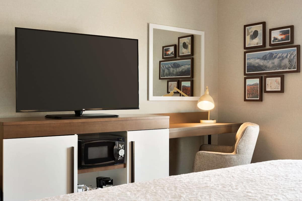 Habitación de hotel con cama, televisión, escritorio con lámpara, silla, microondas y cuadros en la pared.