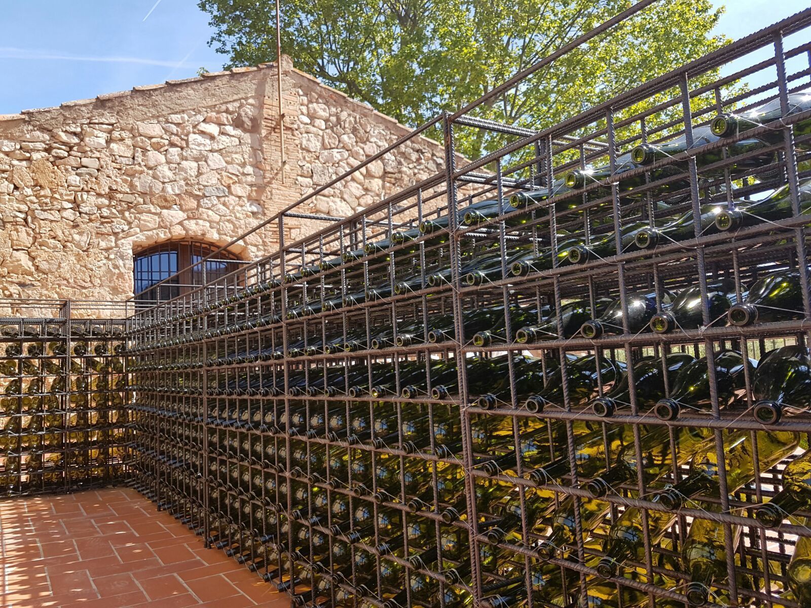 En vinkælder med rækker af vinflasker opbevaret på metalreoler foran en stenvæg.