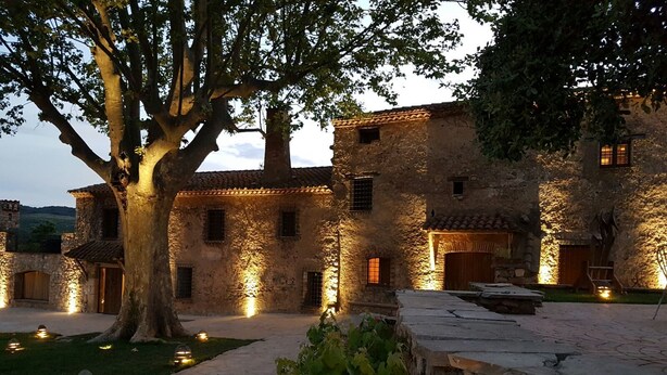 A rustic stone building with multiple windows and a large tree in the foreground. - Mas del Sord 1335 (L'Albiol)