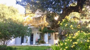 Un edificio blanco con puerta verde, rodeado de abundante vegetación y flores amarillas.