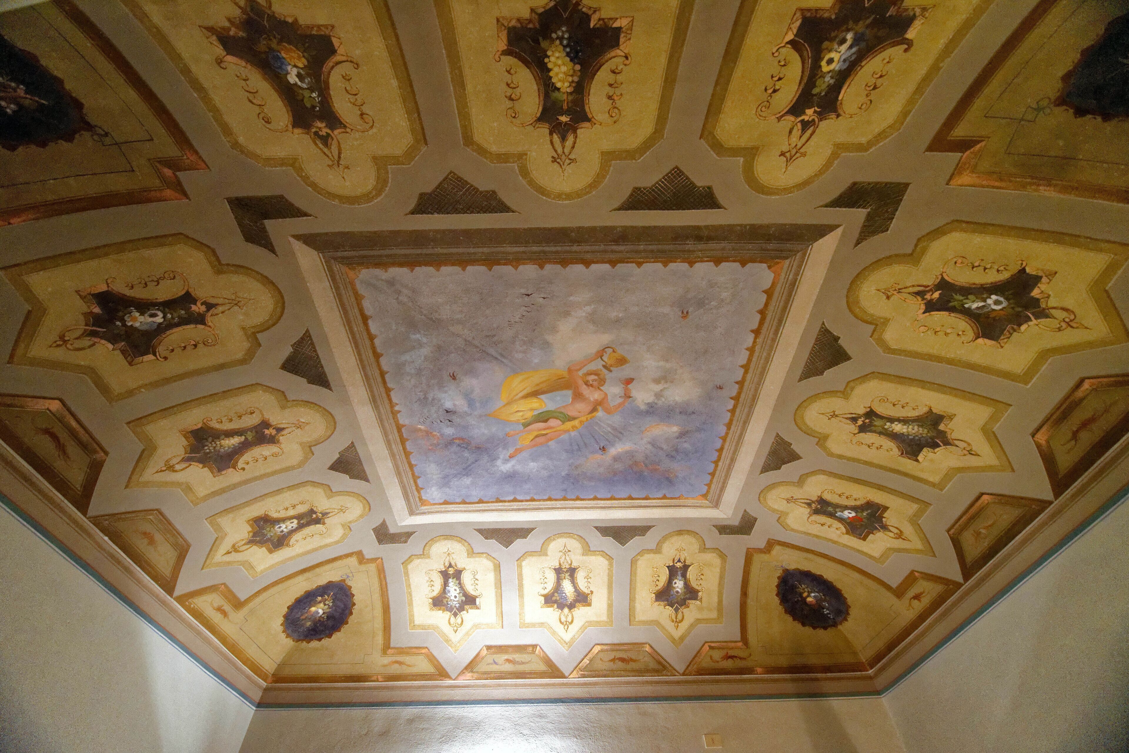 A ceiling with ornate gold and blue designs, including a central medallion and surrounding medallions.