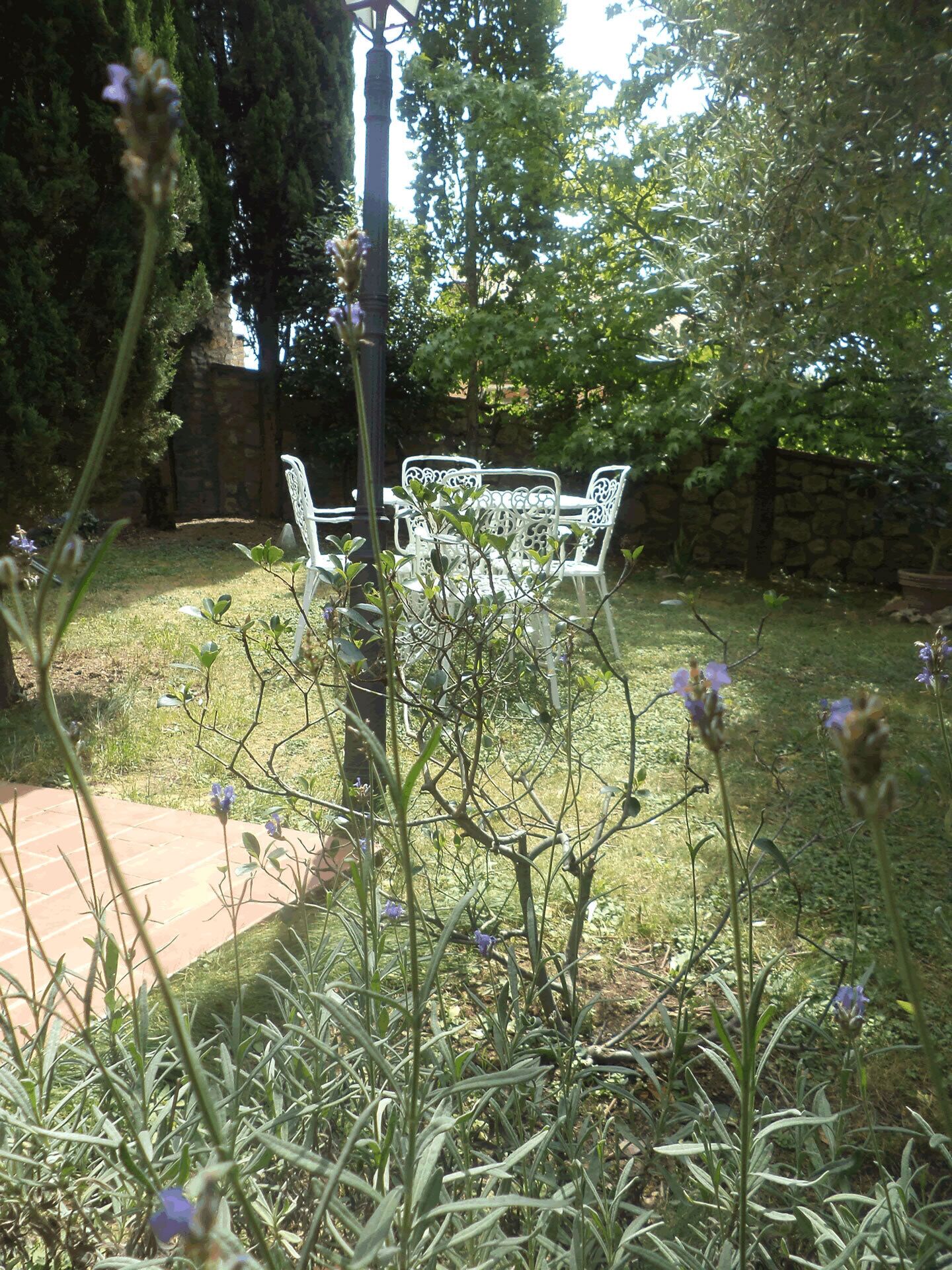 A garden with a stone wall, a metal table with chairs, and various plants.