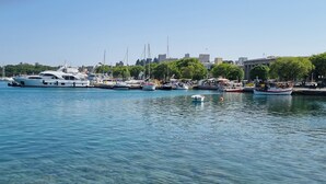 Uma marina com vários barcos atracados, água cristalina e um horizonte urbano ao fundo.