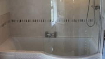 Combined shower/bathtub, hair dryer, towels, toilet paper